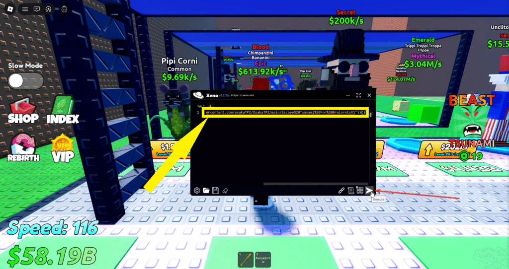 Running a Script in Escape Tsunami For Brainrots using Xeno Executor